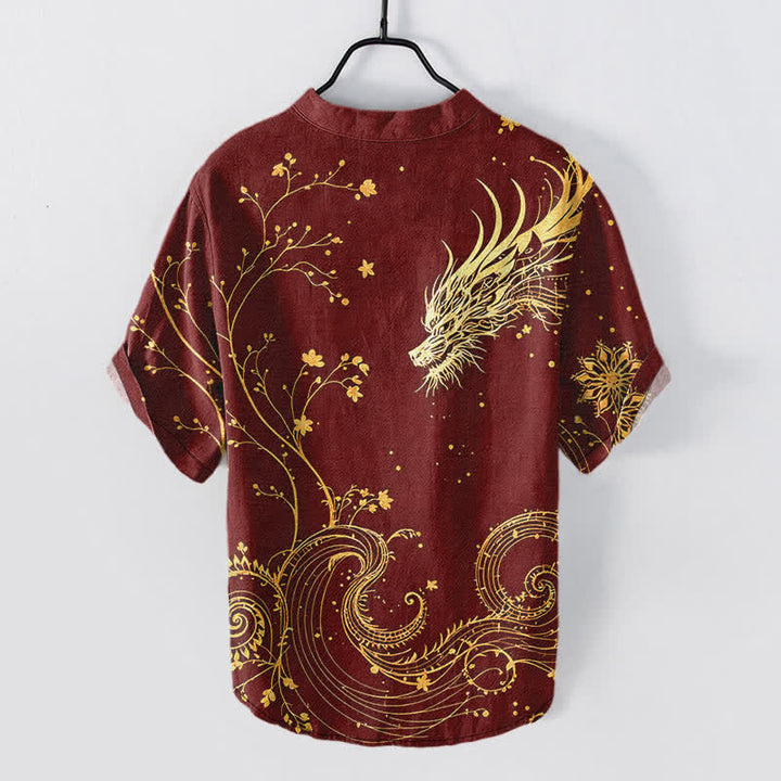 Buddha Stones Chemise à manches courtes pour homme, motif floral dragon, en coton ondulé, demi-boutonnée - image 8