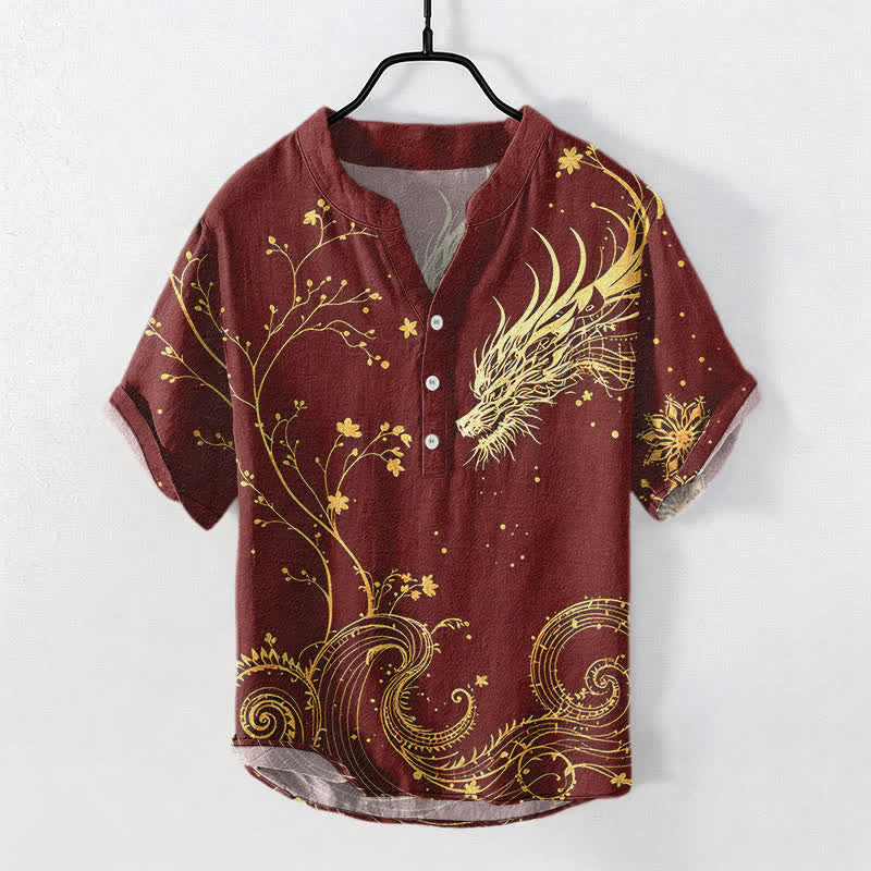 Buddha Stones Chemise à manches courtes pour homme, motif floral dragon, en coton ondulé, demi-boutonnée - FireBrick - US/UK/AU50，EU60 (5XL) - image 7
