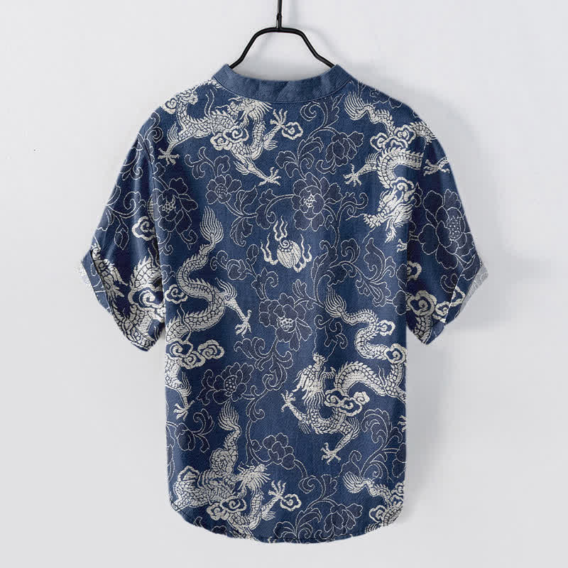 Buddha Stones Chemise homme à manches courtes et demi-boutonnages, motif dragon et lotus en coton - image 1