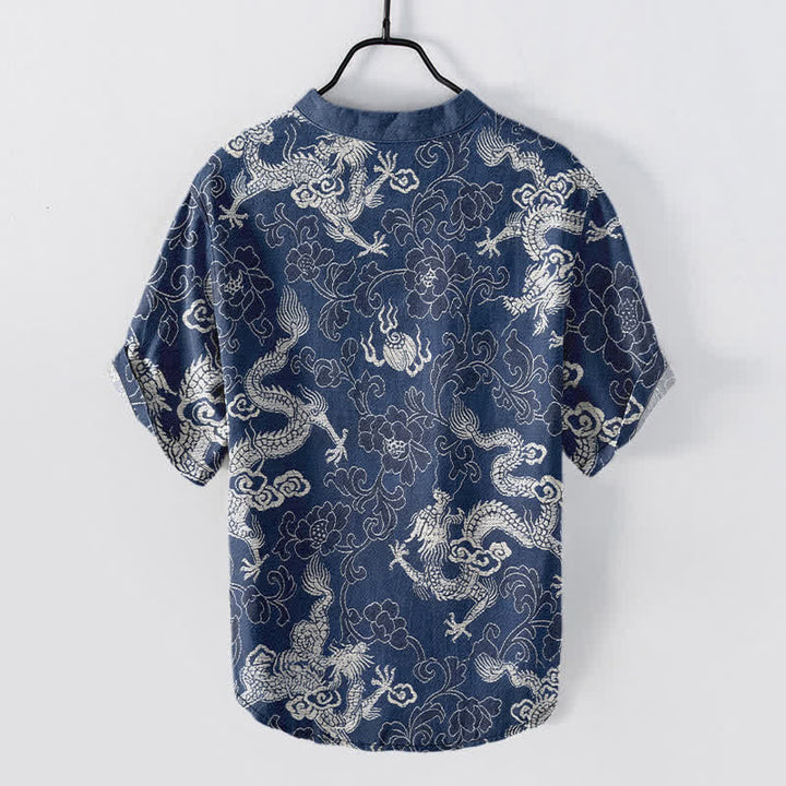 Buddha Stones Chemise homme à manches courtes et demi-boutonnages, motif dragon et lotus en coton - image 1