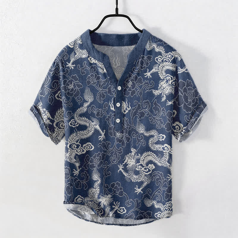 Buddha Stones Chemise homme à manches courtes et demi-boutonnages, motif dragon et lotus en coton - image 0