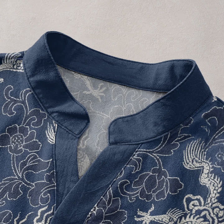 Buddha Stones Chemise homme à manches courtes et demi-boutonnages, motif dragon et lotus en coton - image 2