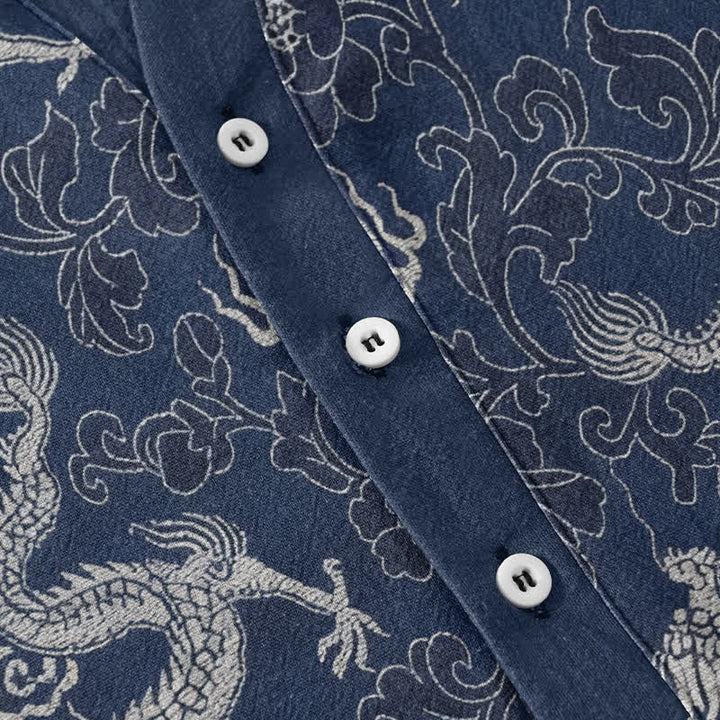 Buddha Stones Chemise homme à manches courtes et demi-boutonnages, motif dragon et lotus en coton - image 3