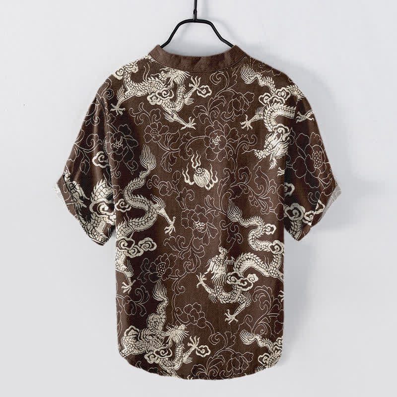 Buddha Stones Chemise homme à manches courtes et demi-boutonnages, motif dragon et lotus en coton - image 6