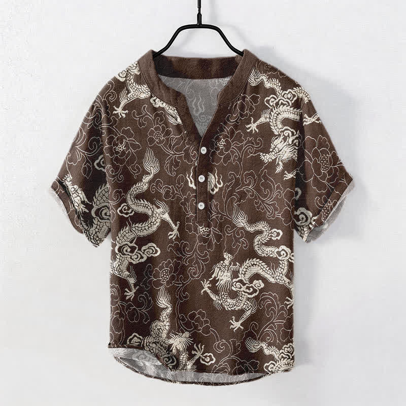 Buddha Stones Chemise homme à manches courtes et demi-boutonnages, motif dragon et lotus en coton - SaddleBrown - US/UK/AU50，EU60 (5XL) - image 5