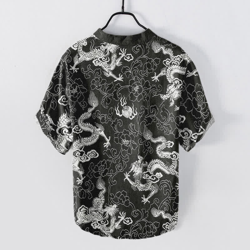 Buddha Stones Chemise homme à manches courtes et demi-boutonnages, motif dragon et lotus en coton - image 8