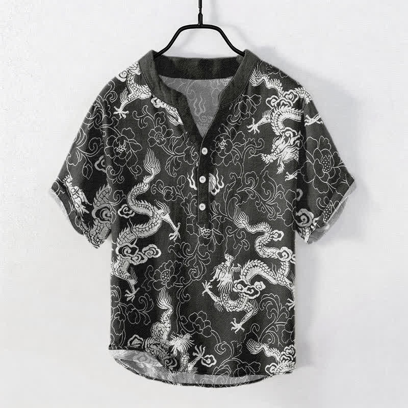 Buddha Stones Chemise homme à manches courtes et demi-boutonnages, motif dragon et lotus en coton - Noir - US/UK/AU50，EU60 (5XL) - image 7