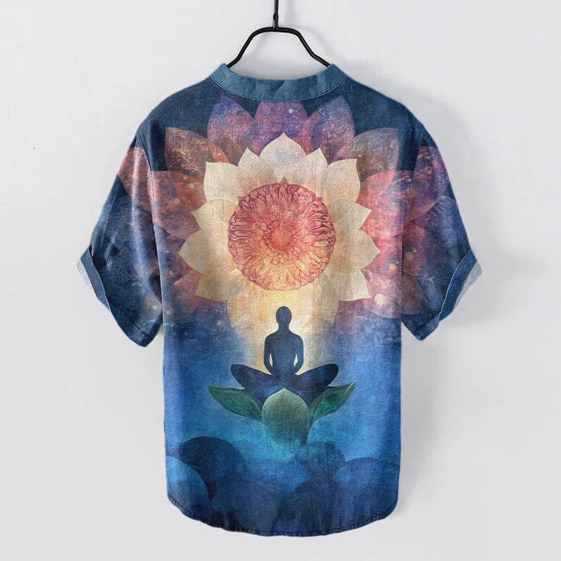 Buddha Stones Chemise à manches courtes et demi-boutonnée pour homme, motif lotus méditant en coton - image 6