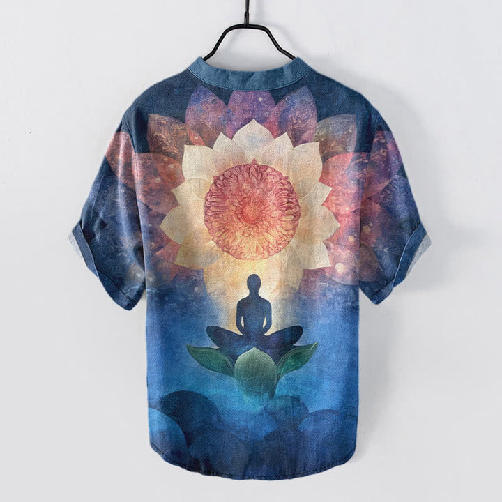 Buddha Stones Chemise à manches courtes et demi-boutonnée pour homme, motif lotus méditant en coton - image 6