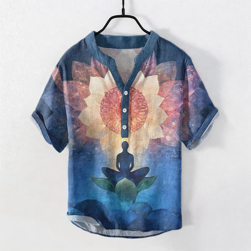 Buddha Stones Chemise à manches courtes et demi-boutonnée pour homme, motif lotus méditant en coton - SteelBlue - US/UK/AU38，EU48 (M) - image 5