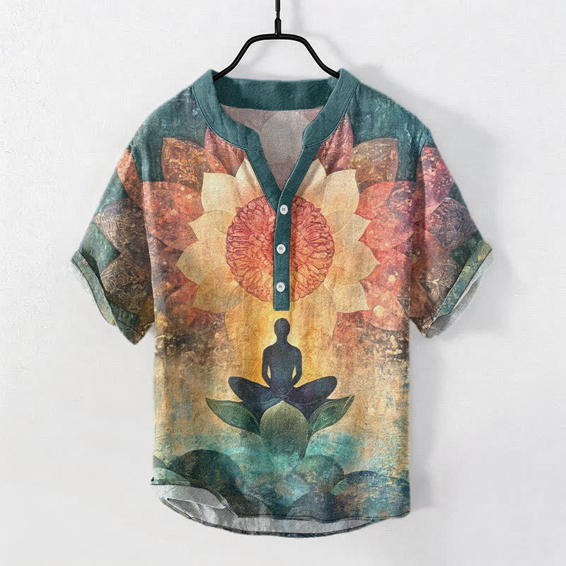Buddha Stones Chemise à manches courtes et demi-boutonnée pour homme, motif lotus méditant en coton - Vert clair - US/UK/AU50，EU60 (5XL) - image 7