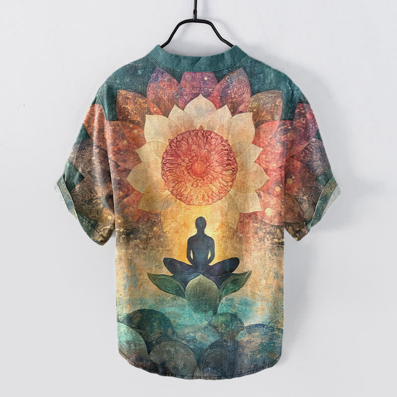 Buddha Stones Chemise à manches courtes et demi-boutonnée pour homme, motif lotus méditant en coton - image 8