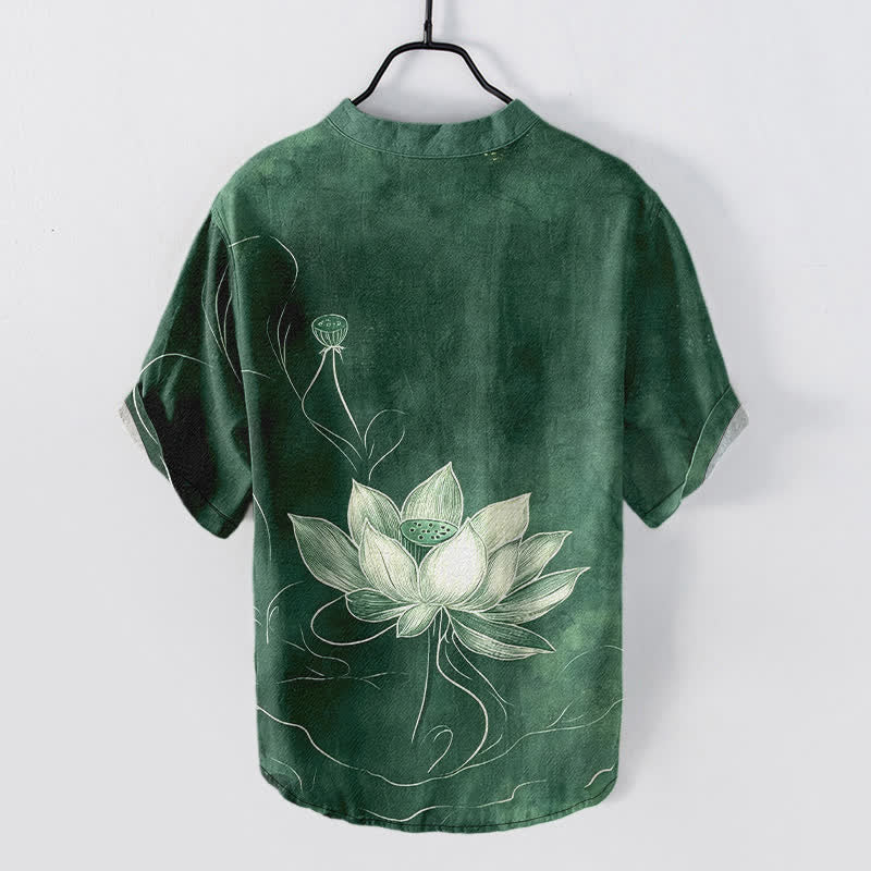 Buddha Stones Chemise homme à manches courtes et demi-boutonnages, motif lotus en coton - image 1