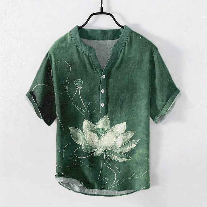 Buddha Stones Chemise homme à manches courtes et demi-boutonnages, motif lotus en coton - Vert mer moyen - US/UK/AU50，EU60 (5XL) - image 0