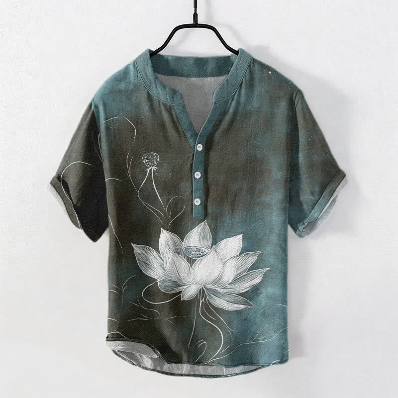 Buddha Stones Chemise homme à manches courtes et demi-boutonnages, motif lotus en coton - Vert clair - US/UK/AU50，EU60 (5XL) - image 5