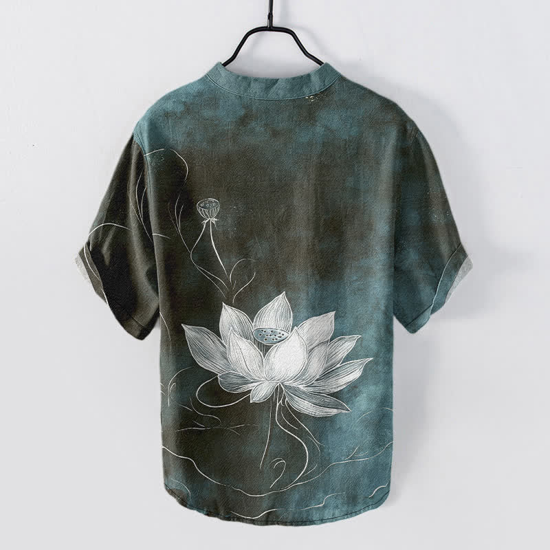 Buddha Stones Chemise homme à manches courtes et demi-boutonnages, motif lotus en coton - image 6