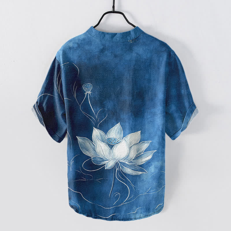 Buddha Stones Chemise homme à manches courtes et demi-boutonnages, motif lotus en coton - image 8