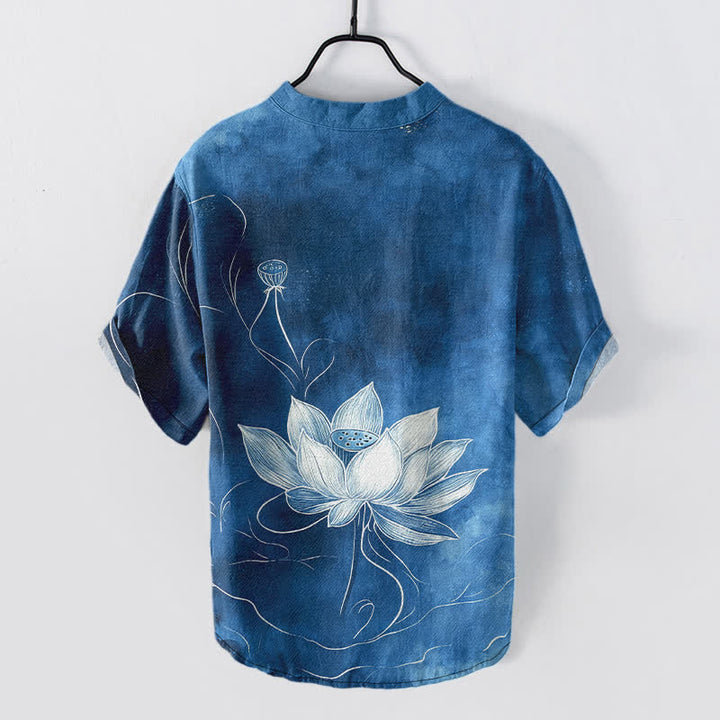 Buddha Stones Chemise homme à manches courtes et demi-boutonnages, motif lotus en coton - image 8