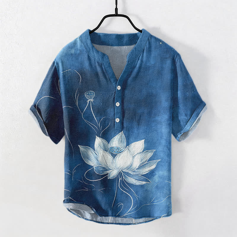Buddha Stones Chemise homme à manches courtes et demi-boutonnages, motif lotus en coton - SteelBlue - US/UK/AU50，EU60 (5XL) - image 7