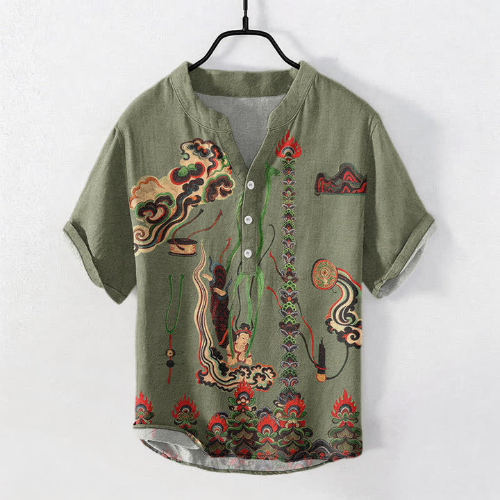 Buddha Stones Chemise à manches courtes et demi-boutonnée en coton à motif nuage mural pour homme - image 0