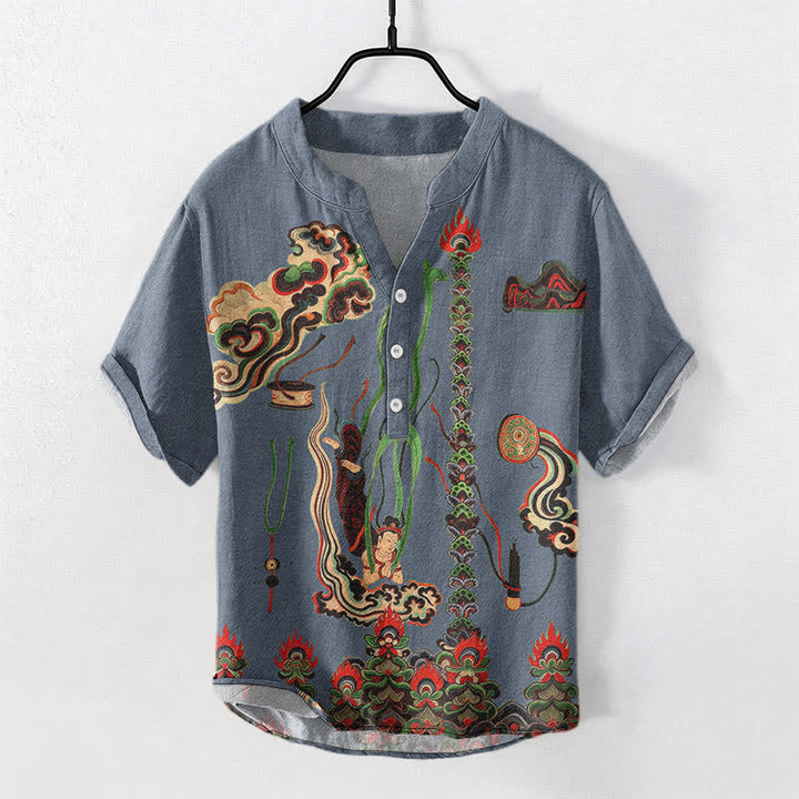 Buddha Stones Chemise à manches courtes et demi-boutonnée en coton à motif nuage mural pour homme - image 5