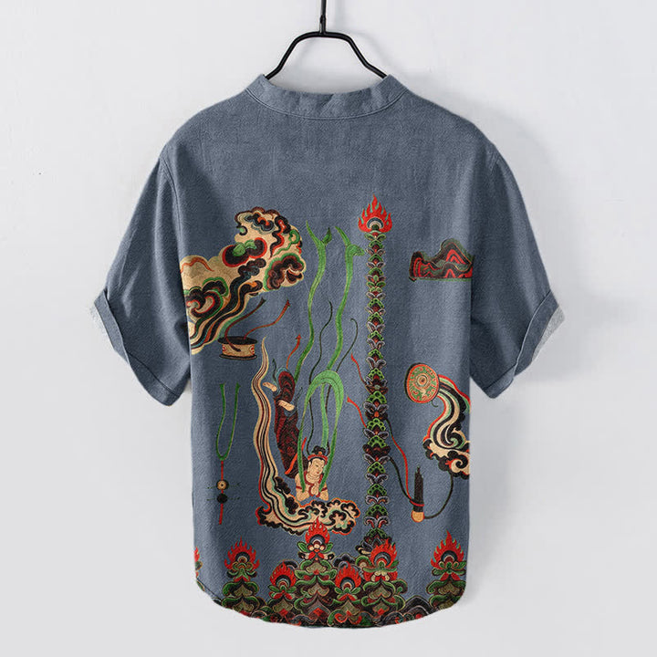 Buddha Stones Chemise à manches courtes et demi-boutonnée en coton à motif nuage mural pour homme - image 6