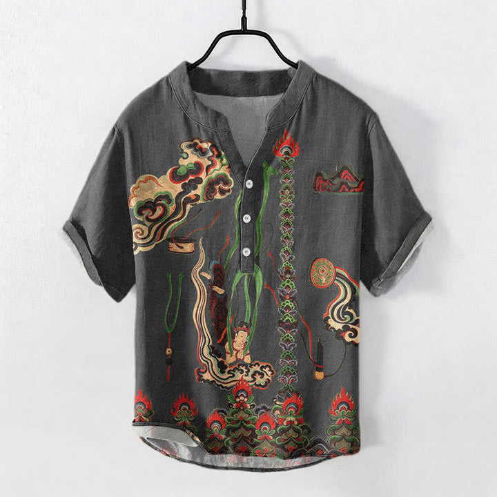 Buddha Stones Chemise à manches courtes et demi-boutonnée en coton à motif nuage mural pour homme - image 7