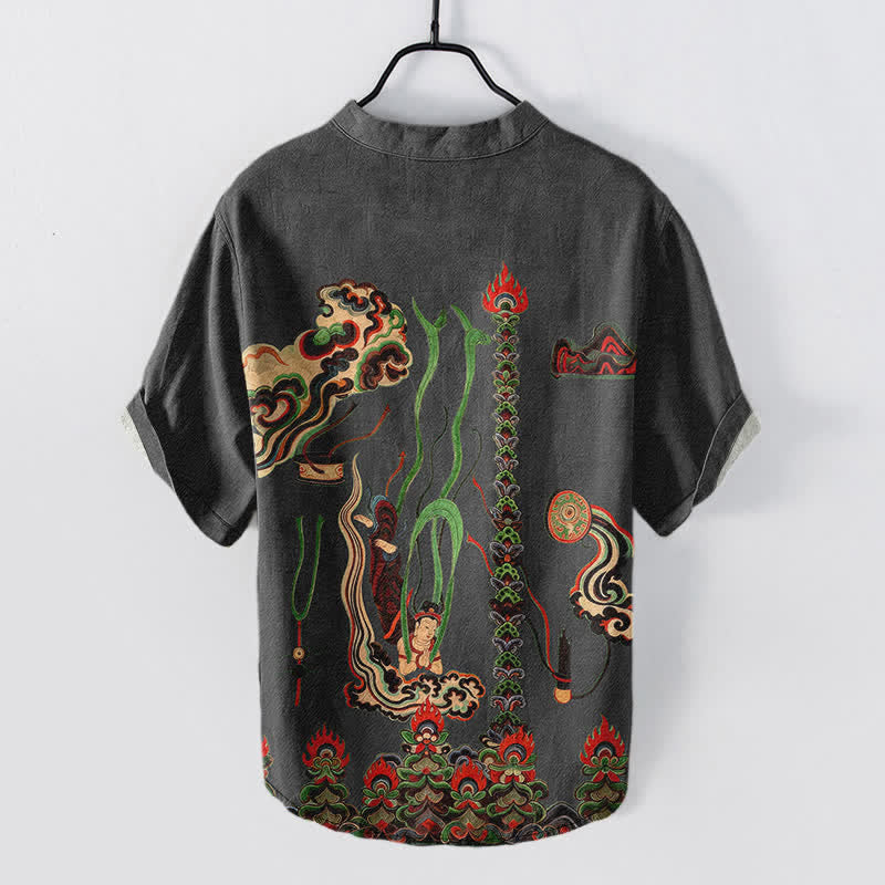 Buddha Stones Chemise à manches courtes et demi-boutonnée en coton à motif nuage mural pour homme - image 8