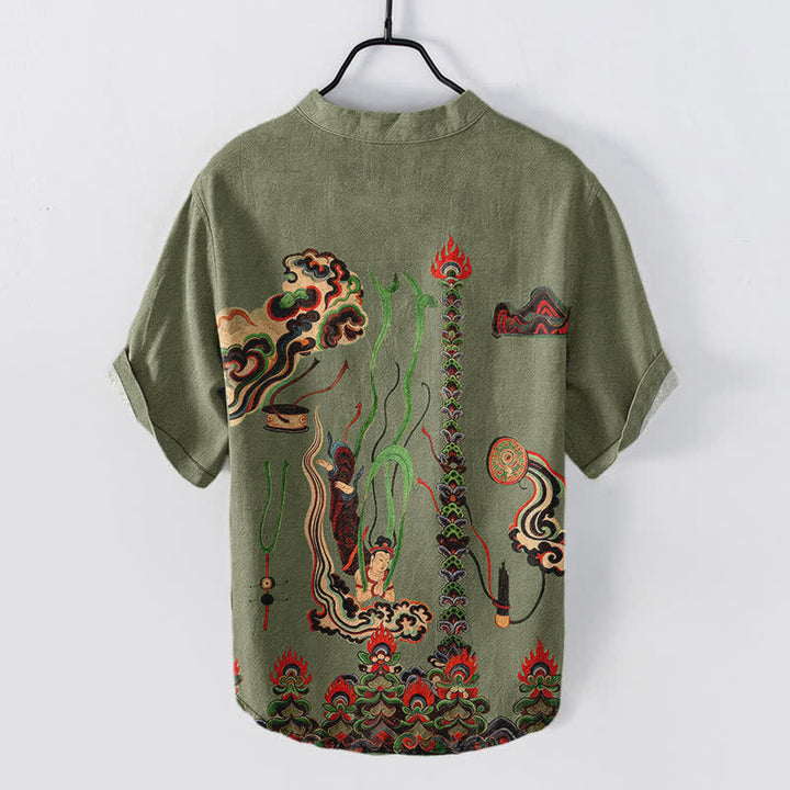 Buddha Stones Chemise à manches courtes et demi-boutonnée en coton à motif nuage mural pour homme - image 1
