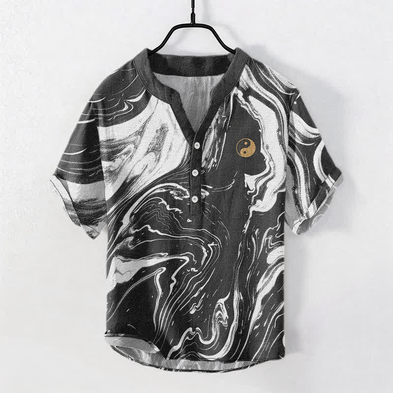 Buddha Stones Chemise à manches courtes et demi-boutonnée pour homme, en coton, motif taï-chi - Noir - US/UK/AU50，EU60 (5XL) - image 0