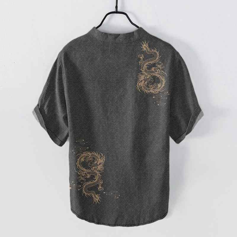 Buddha Stones Chemise à manches courtes et demi-boutonnée pour homme Cotton Dragon - image 1
