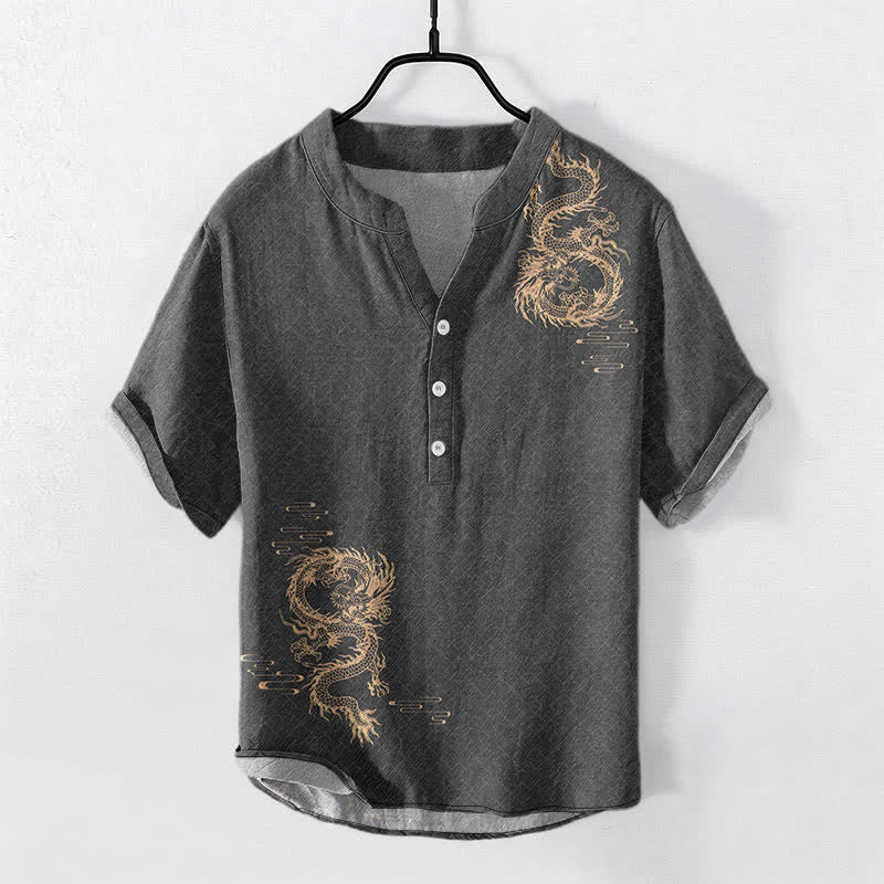 Buddha Stones Chemise à manches courtes et demi-boutonnée pour homme Cotton Dragon - image 0