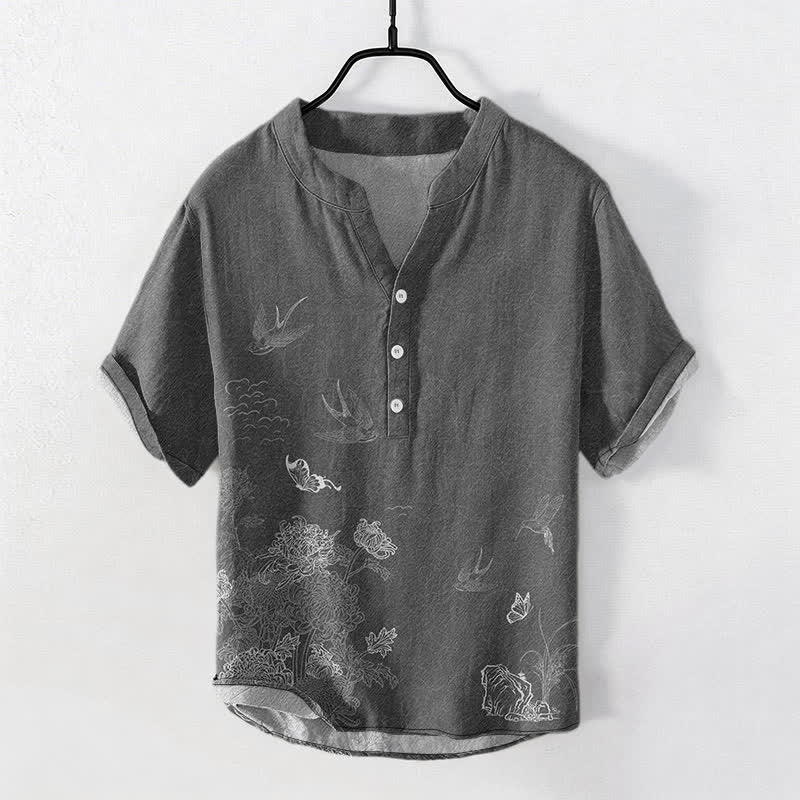 Buddha Stones Chemise à manches courtes pour homme Swallow Lotus Butterfly - image 0
