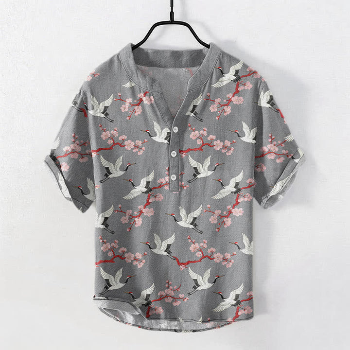 Buddha Stones Chemise Henley à manches courtes pour homme Crane Plum Blossom - image 0
