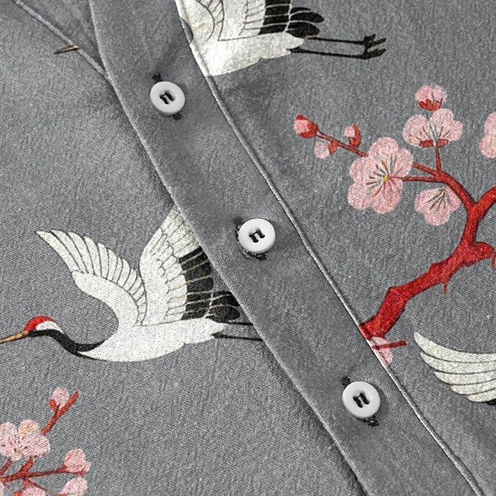 Buddha Stones Chemise Henley à manches courtes pour homme Crane Plum Blossom - image 3