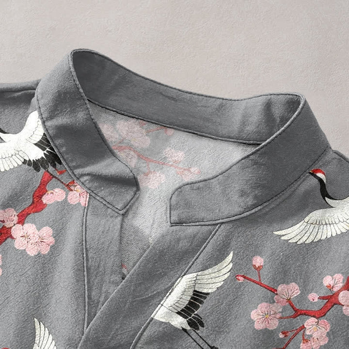 Buddha Stones Chemise Henley à manches courtes pour homme Crane Plum Blossom - image 2