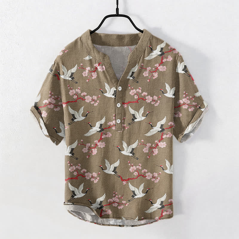 Buddha Stones Chemise Henley à manches courtes pour homme Crane Plum Blossom - Tanné - US/UK/AU50，EU60 (5XL) - image 5