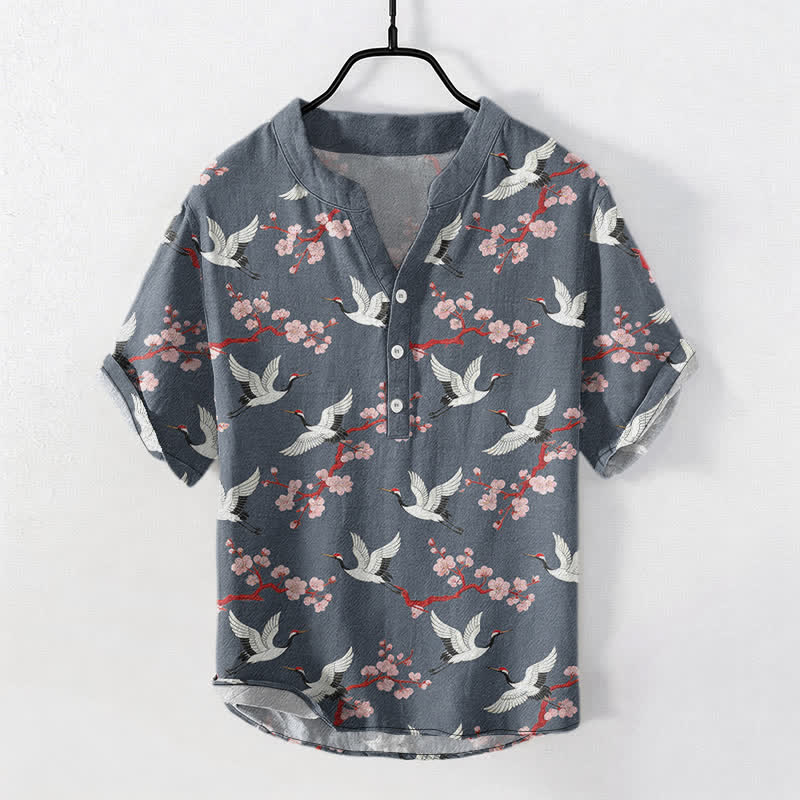 Buddha Stones Chemise Henley à manches courtes pour homme Crane Plum Blossom - Gris ardoise - US/UK/AU50，EU60 (5XL) - image 7