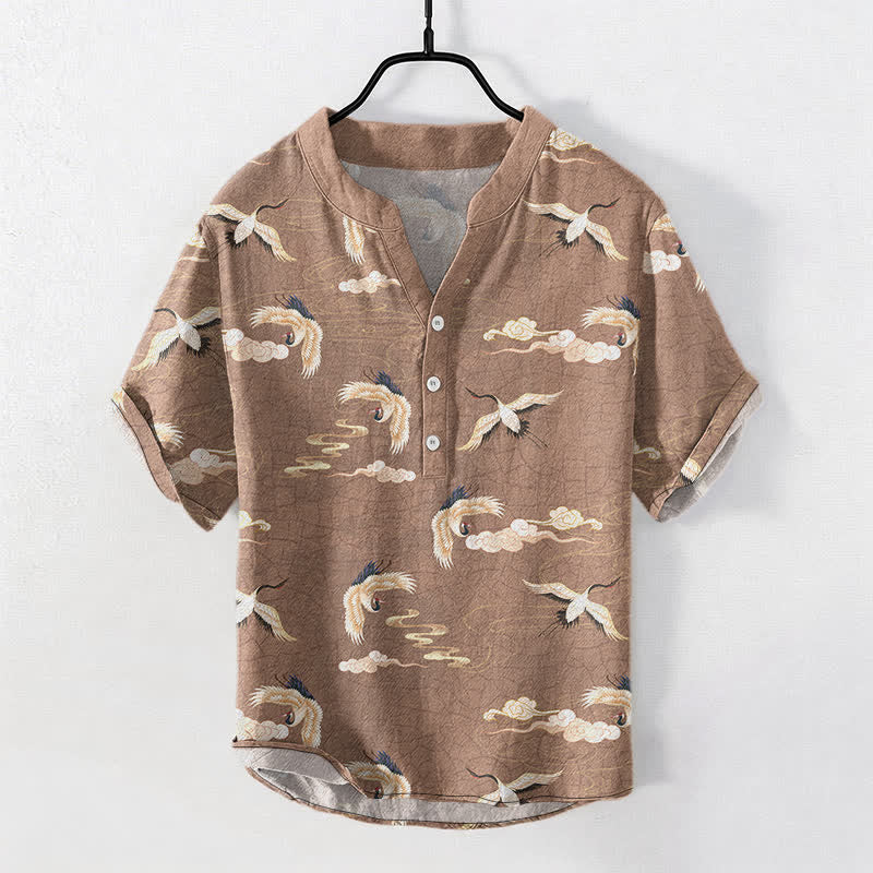 Buddha Stones Chemise homme à manches courtes et demi-boutonnée Flying Birds Cloud - BurlyWood - US/UK/AU50，EU60 (5XL) - image 0