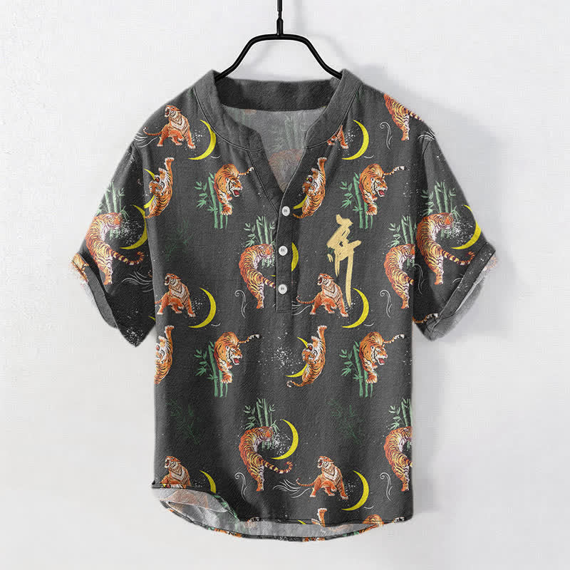 Buddha Stones Chemise de villégiature à manches courtes pour homme Tiger Moon Bamboo - image 0