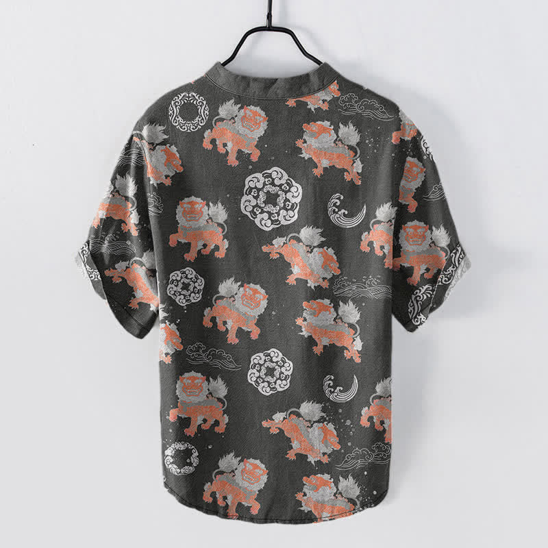 Buddha Stones Chemise à manches courtes pour homme Cotton Lion Waves Cloud, coupe carrée légère style resort. - image 1