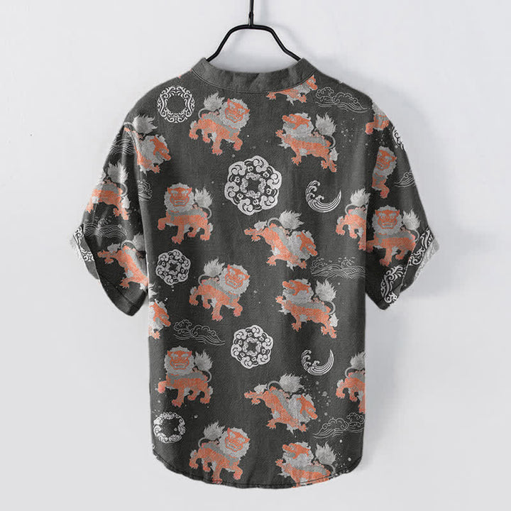 Buddha Stones Chemise à manches courtes pour homme Cotton Lion Waves Cloud, coupe carrée légère style resort. - image 1