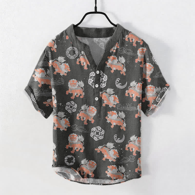 Buddha Stones Chemise à manches courtes pour homme Cotton Lion Waves Cloud, coupe carrée légère style resort. - image 0