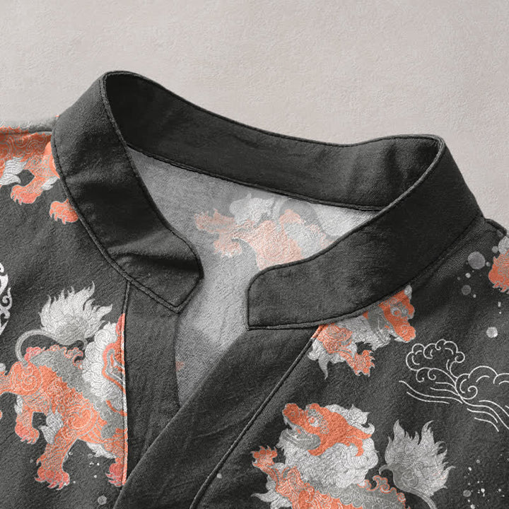 Buddha Stones Chemise à manches courtes pour homme Cotton Lion Waves Cloud, coupe carrée légère style resort. - image 2