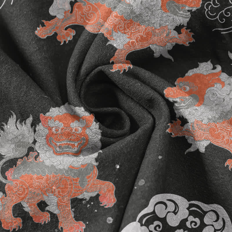 Buddha Stones Chemise à manches courtes pour homme Cotton Lion Waves Cloud, coupe carrée légère style resort. - image 4