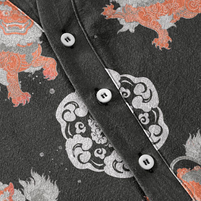 Buddha Stones Chemise à manches courtes pour homme Cotton Lion Waves Cloud, coupe carrée légère style resort. - image 3