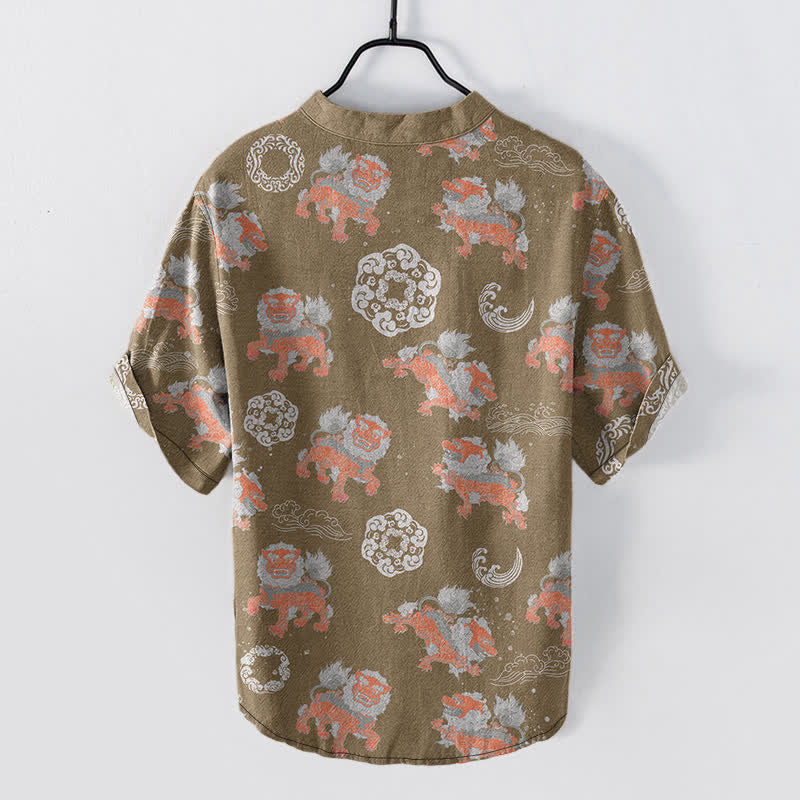 Buddha Stones Chemise à manches courtes pour homme Cotton Lion Waves Cloud, coupe carrée légère style resort. - image 6