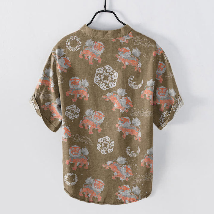 Buddha Stones Chemise à manches courtes pour homme Cotton Lion Waves Cloud, coupe carrée légère style resort. - image 6