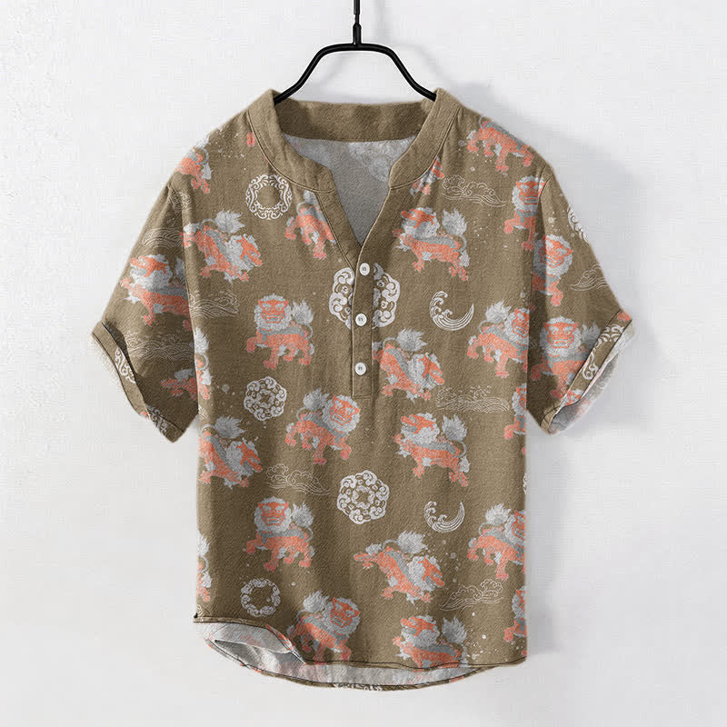 Buddha Stones Chemise à manches courtes pour homme Cotton Lion Waves Cloud, coupe carrée légère style resort. - Tanné - US/UK/AU50，EU60 (5XL) - image 5