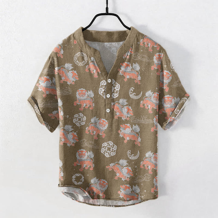 Buddha Stones Chemise à manches courtes pour homme Cotton Lion Waves Cloud, coupe carrée légère style resort. - Tanné - US/UK/AU50，EU60 (5XL) - image 5